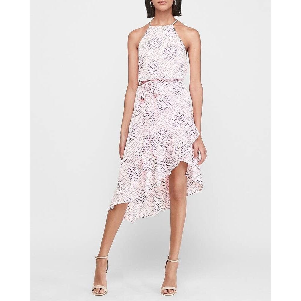EXPRESS Wm S Asymmetrical Pink Perfection Polka Dot Ruffle Halter Midi